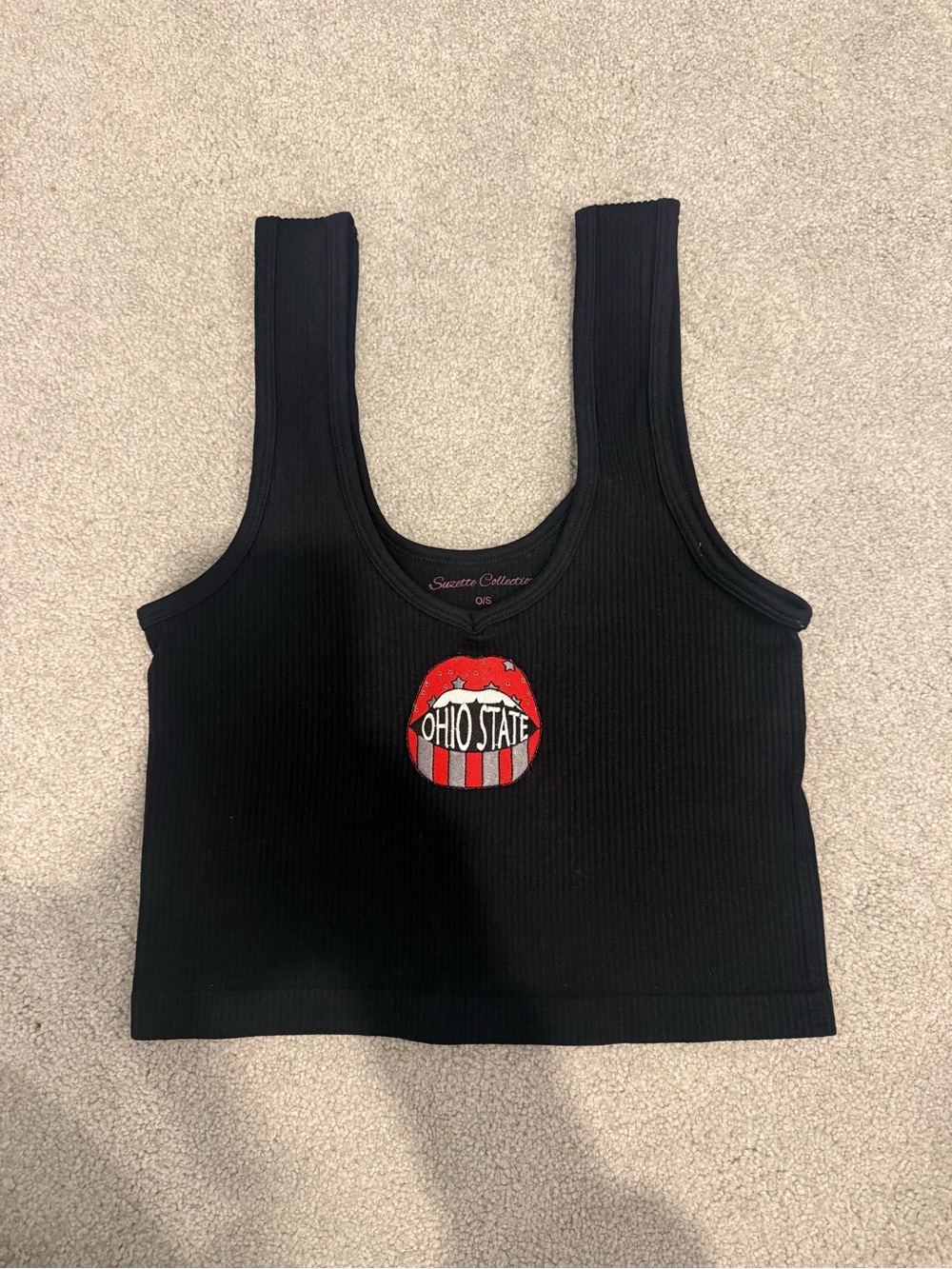 Black Ribbed Tank Top with Red Ohio State Lip Graphic